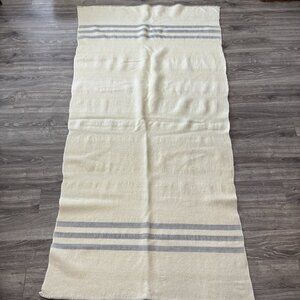 Vintage 100% Wool Blanket 36x74 Ivory Blue Stripe Throw Camp Cabin Decor Cottage